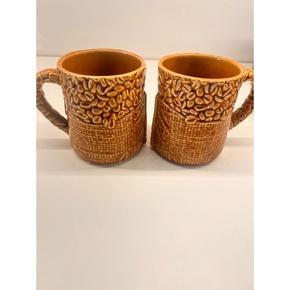 Set of 2 Vintage MCM Japan Brown Coffee Bean Burlap Sack Coffee Mugs Japan